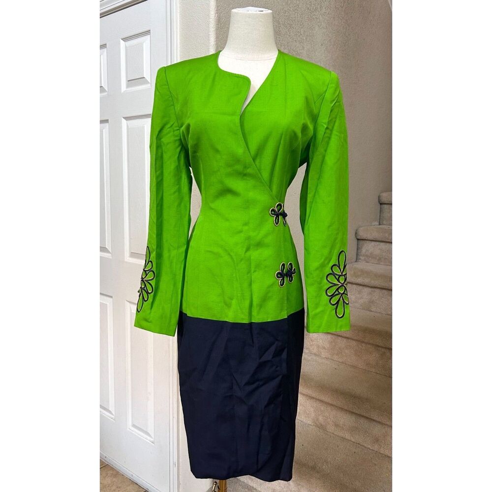 Bicci Florine Wachter Vintage Lime Green & Navy Embroidered Suit Dress - Size 8